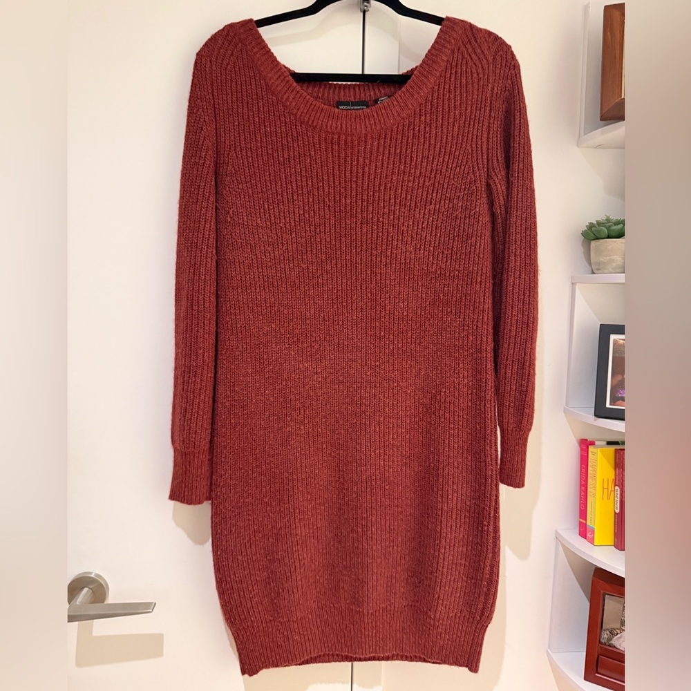 Moda Ribbed Crew Neck Sweater Dress, Burnt Orange, Small